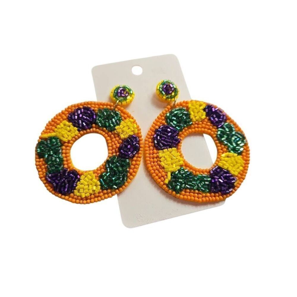 Mardi Gras Beaded King Cake Earrings Fat Tuesday Carnival